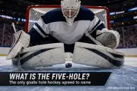 Ice hockey five-hole explainer graphic showing the gap between a goalie's legs and how goal-scoring splits across the net