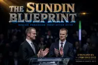 Sedin twins Daniel and Henrik in Vancouver Canucks executive jackets with Sundin Blueprint banner overlay