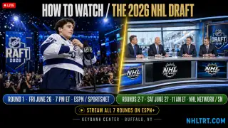 How to watch the 2026 NHL Draft graphic — June 26-27 at KeyBank Center Buffalo, Round 1 ESPN 7pm and Rounds 2-7 NHL Network 11am, US and Canada channels