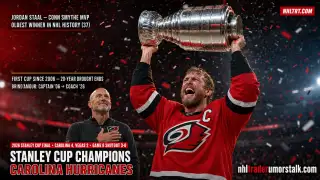 Carolina Hurricanes captain hoists the 2026 Stanley Cup after beating Vegas 4-2, the franchise first title since 2006