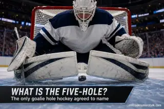 Ice hockey five-hole explainer graphic showing the gap between a goalie's legs and how goal-scoring splits across the net