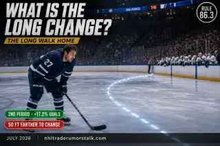 NHL players on the long change in the second period, the bench far from the defensive zone as a tired defenseman skates off