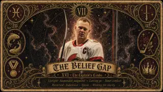 Brady Tkachuk Ottawa Senators captain with The Belief Gap overlay graphic showing 3 Olympic gold goals vs 0 playoff goals contrast