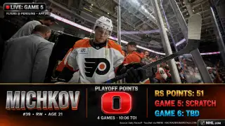 Matvei Michkov in Philadelphia Flyers home jersey on bench during NHL playoff Game 5 against Pittsburgh Penguins April 2026 healthy scratch