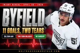 Quinton Byfield Los Angeles Kings center mid-shot at Crypto.com Arena, gold-and-black sweater visible, holding side after release - torn oblique injury reveal cover image, 2026 season