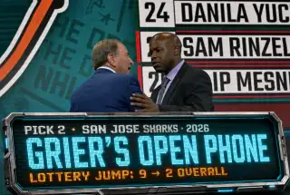 Mike Grier San Jose Sharks GM at podium discussing 2026 NHL Draft second overall pick trade options after lottery win