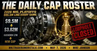 NHL 2026 playoff salary cap vault concept showing Stanley Cup inside half-open vault with $9.5M to $3.82M LTIR drop and Loophole Closed stamp