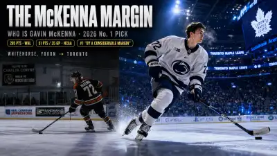 Gavin McKenna 2026 NHL Draft profile graphic — the McKenna Margin, WHL record streak and Penn State freshman stats for the projected No. 1 pick to Toronto