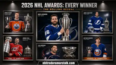 2026 NHL Awards winners graphic: Kucherov Hart, McDavid Ted Lindsay and Art Ross, Schaefer Calder, Staal Conn Smythe