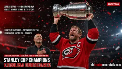 Carolina Hurricanes captain hoists the 2026 Stanley Cup after beating Vegas 4-2, the franchise first title since 2006