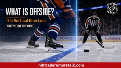 What is offside in hockey graphic: the blue line as a vertical plane and a skater crossing it ahead of the puck