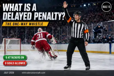 NHL referee raising an arm to signal a delayed penalty as the fouled team pulls its goalie for a sixth attacker