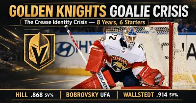 Adin Hill in the Vegas Golden Knights crease during the 2025-26 NHL season as the franchise faces another goaltending identity crisis