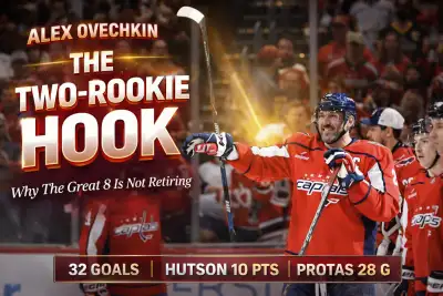 Alex Ovechkin in Washington Capitals red jersey skating with rookies Cole Hutson and Ilya Protas, 40-year-old captain considering return for 22nd NHL season