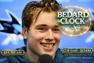 Macklin Celebrini in San Jose Sharks jersey after exit interview April 18 with 115 points stat overlay and Bedard Clock coined concept visualization, $15.5 million AAV projection featured