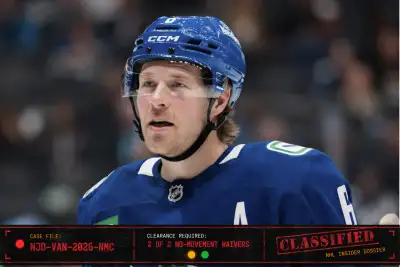 Brock Boeser Jake DeBrusk Vancouver Canucks jerseys with New Jersey Devils logo overlay showing Double-NMC Play trade targets 2026 offseason