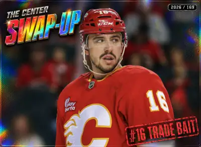 Morgan Frost in Calgary Flames jersey with $4.4M AAV overlay and The Center Swap-Up label showing trade buzz 2026 rebuild framework