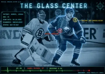 Josh Norris Buffalo Sabres center with The Glass Center overlay graphic showing 44 games played vs 37 games missed in 2025-26 regular season