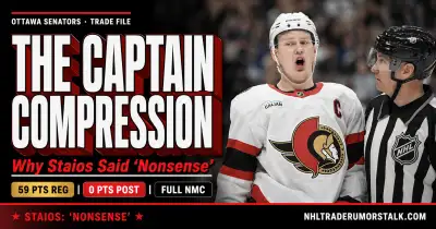 Brady Tkachuk in Ottawa Senators captain jersey #7 with the C, looking intense after a Carolina Hurricanes playoff loss, illustrating the Captain Compression and trade rumor pressure surrounding the Senators captain in 2026