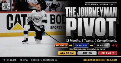 Scott Laughton in Los Angeles Kings black jersey skating during his April 2026 stretch with the Kings, illustrating the Journeyman Pivot moment as he heads to UFA after 3 teams in 13 months