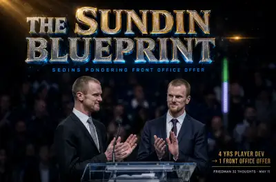Sedin twins Daniel and Henrik in Vancouver Canucks executive jackets with Sundin Blueprint banner overlay
