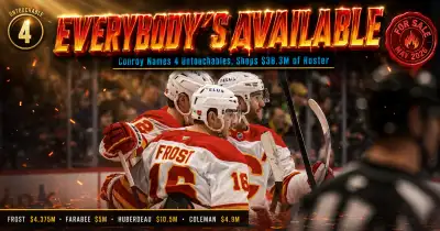 Calgary Flames GM Craig Conroy at Saddledome with Scotia Place arena rendering and 4 untouchable player names overlay highlighting Wolf Gridin Coronato Parekh