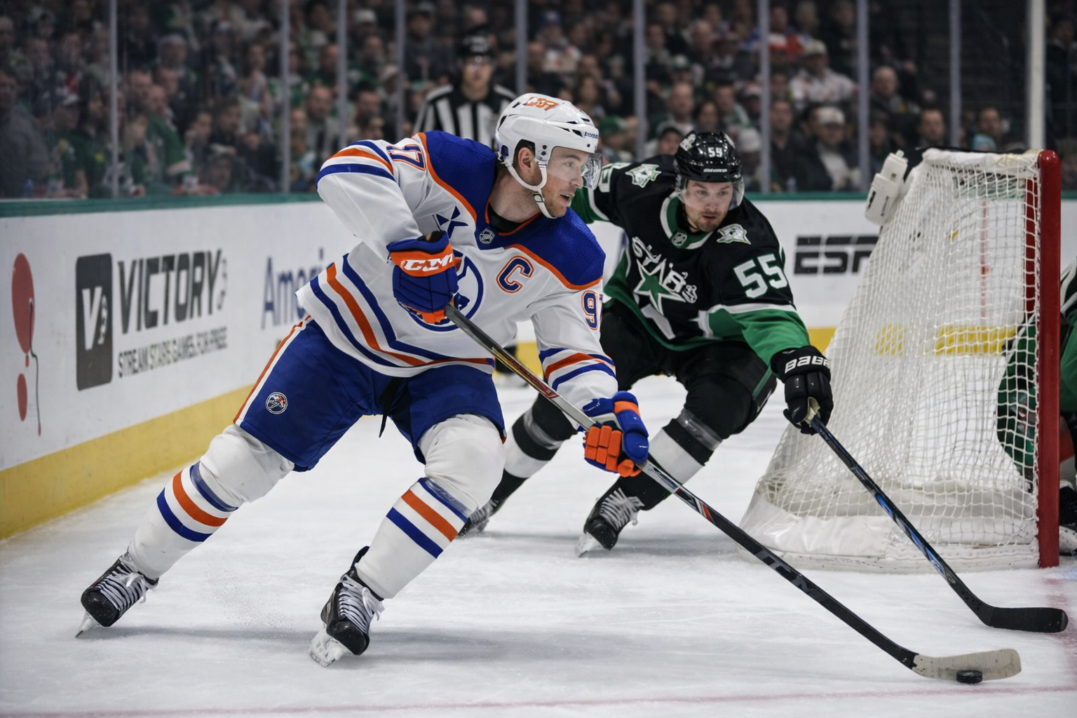 Dallas Stars players celebrating during their historic 14-game point streak at American Airlines Center in March 2026