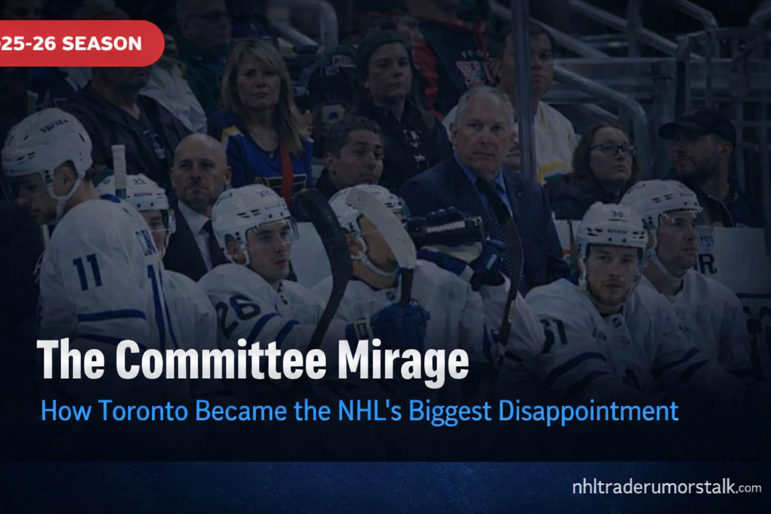 Auston Matthews on the bench during a Toronto Maple Leafs loss in the 2025-26 NHL season