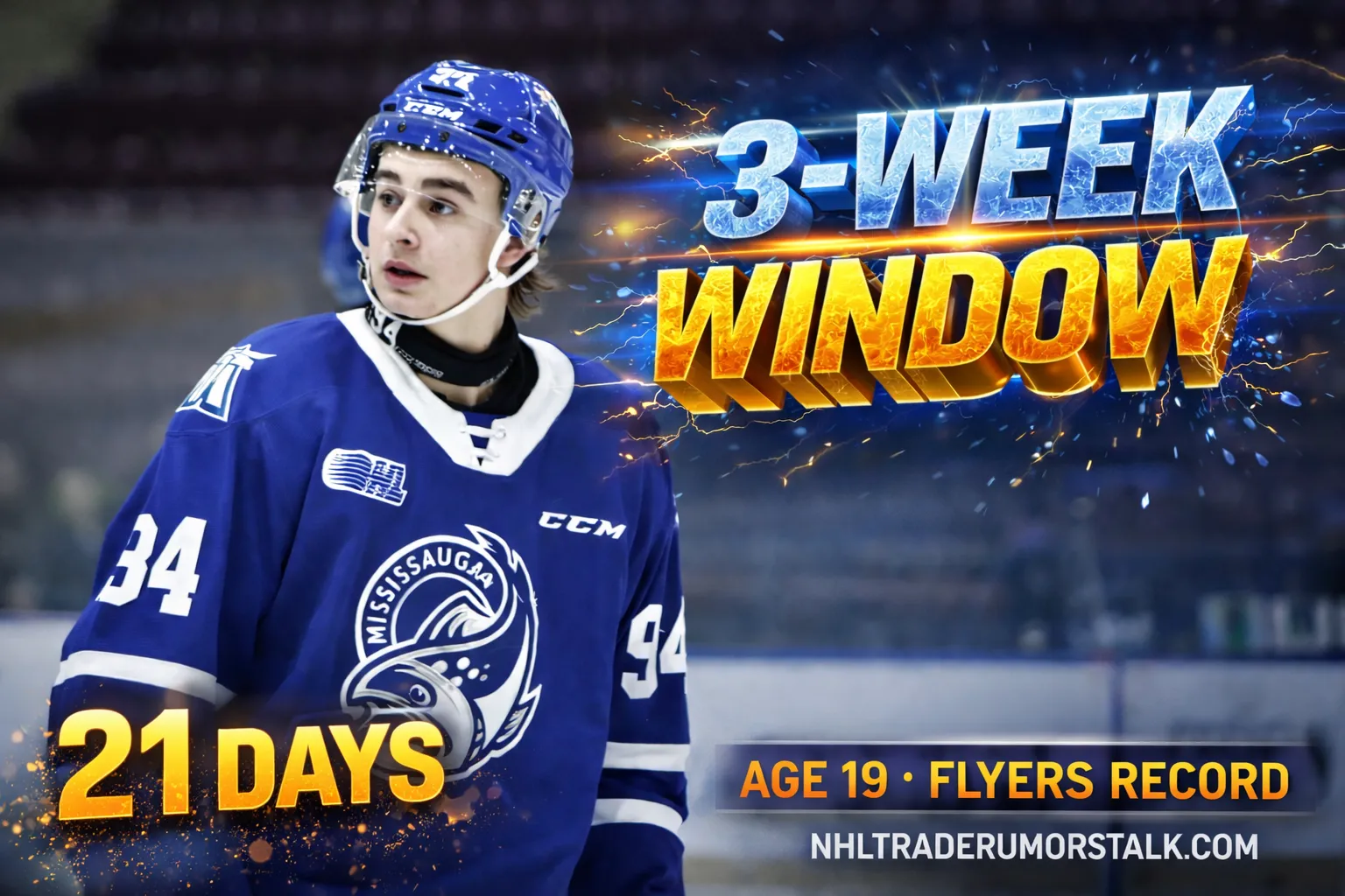 Porter Martone in Philadelphia Flyers jersey with BUYOUT-BOUND style 3D text overlay showing 21 DAYS and 1 GWG, representing The 3-Week Window from ELC signing to playoff game-winning goal against Penguins April 18 2026