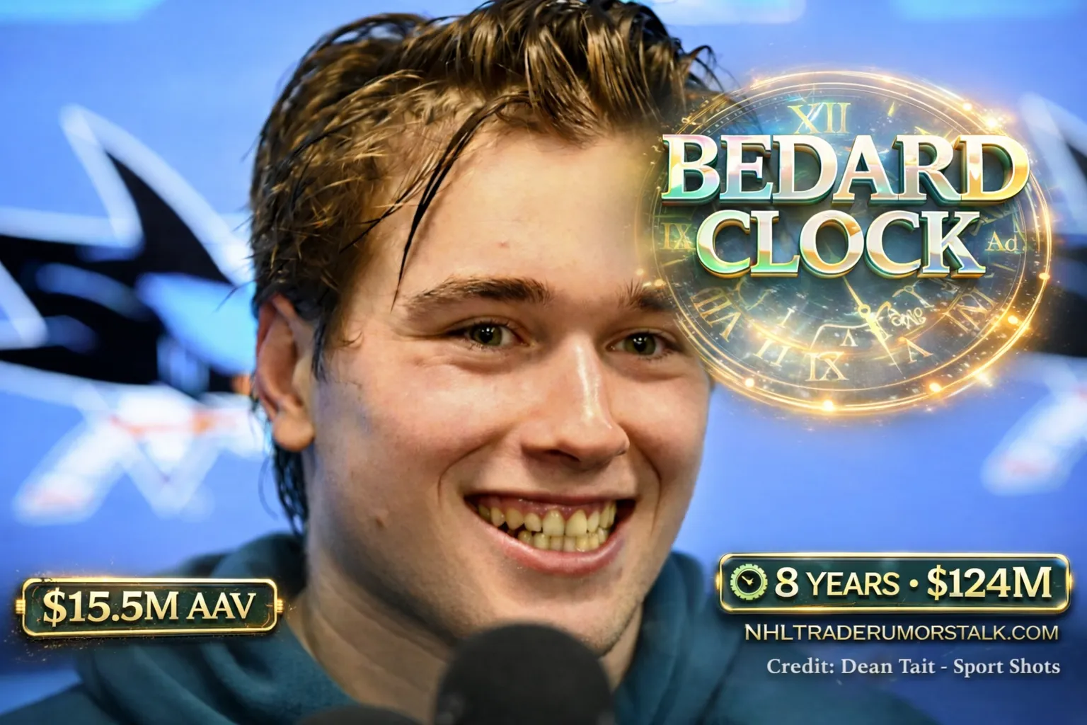 Macklin Celebrini in San Jose Sharks jersey after exit interview April 18 with 115 points stat overlay and Bedard Clock coined concept visualization, $15.5 million AAV projection featured