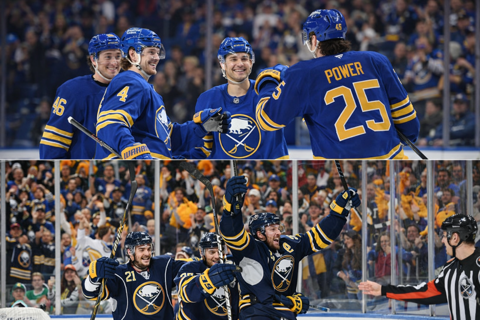 Buffalo Sabres players celebrating on ice as team approaches ending 14-year NHL playoff drought in 2026