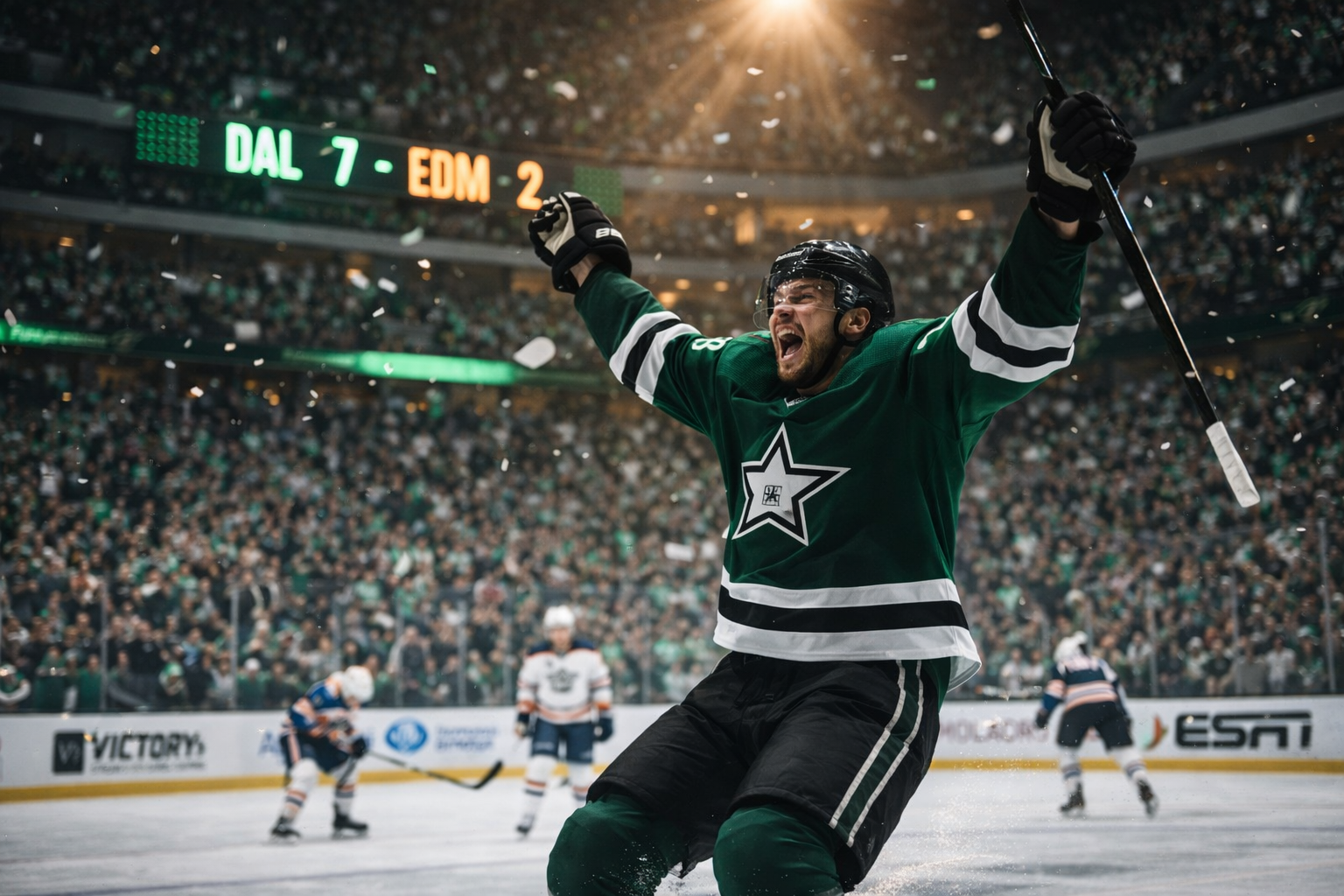 Jason Robertson celebrates after scoring in Dallas Stars 7-2 blowout win over Edmonton Oilers extending 14-game point streak