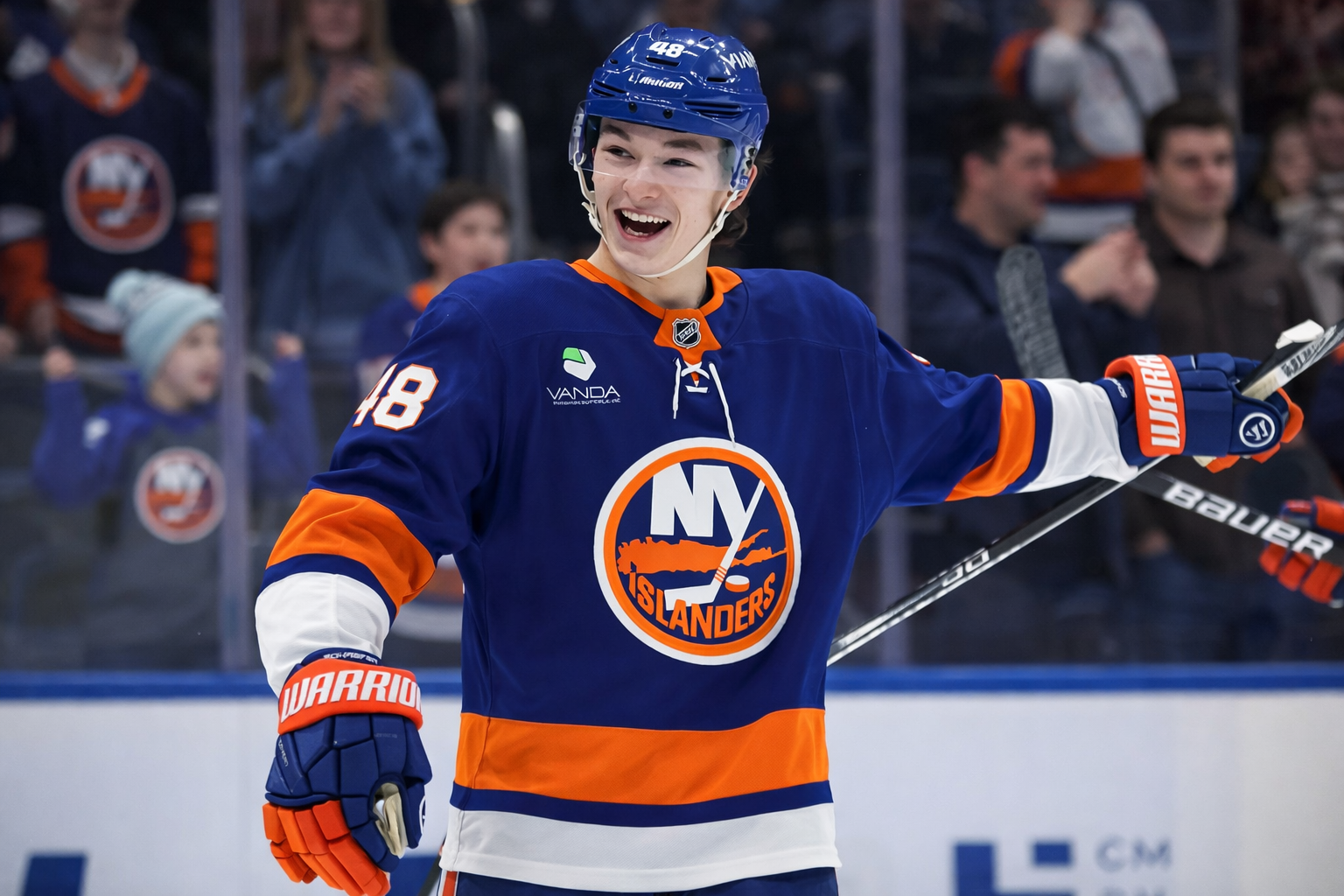 Matthew Schaefer New York Islanders rookie defenseman celebrating goal during 2026 Calder Trophy race season