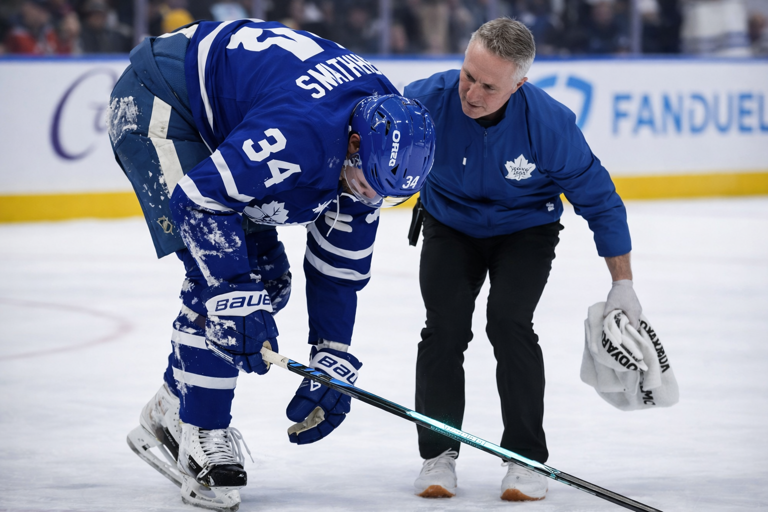 Auston Matthews Toronto Maple Leafs captain on ice after suffering knee injury from Radko Gudas hit 2026 season