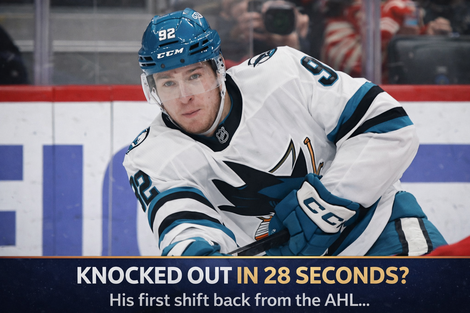 Chernyshov injury scene as San Jose Sharks prospect Igor Chernyshov is helped off ice after scary hit in Montreal March 2026