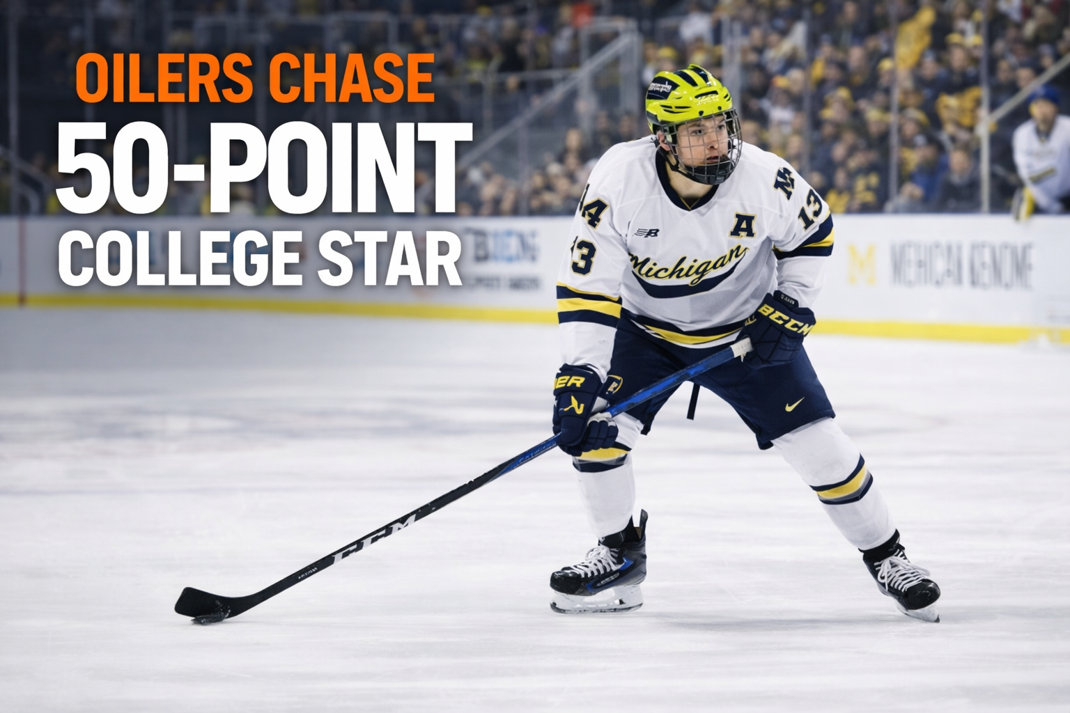 TJ Hughes Michigan Wolverines captain skating during NCAA hockey game as Oilers pursue signing