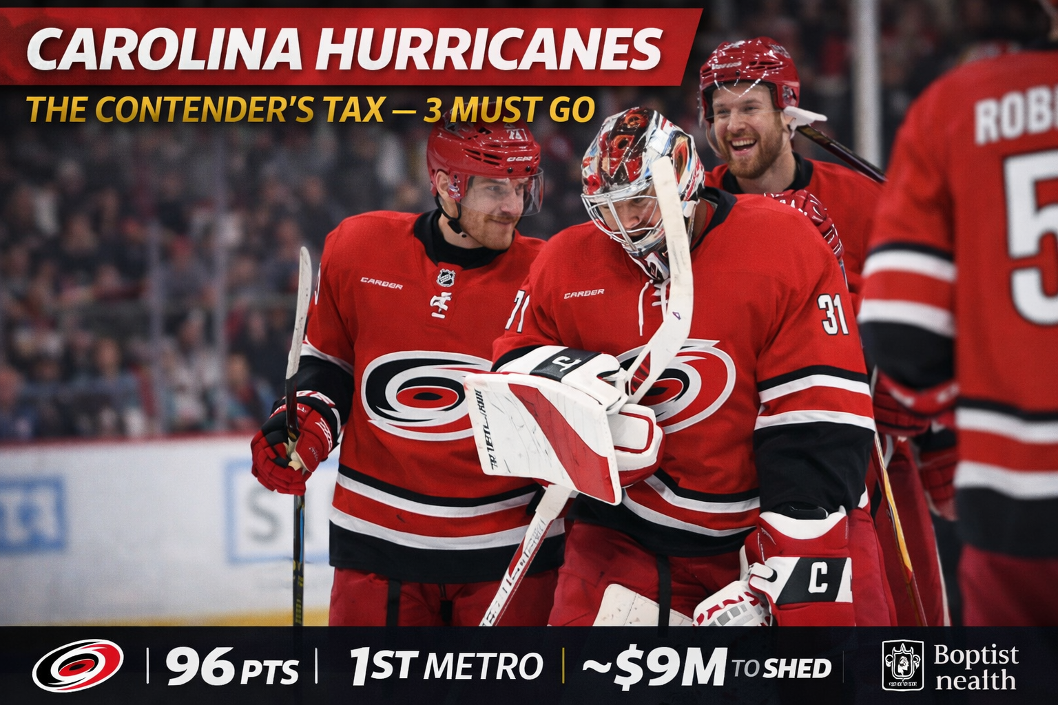 Carolina Hurricanes players on the ice during the 2025-26 season facing offseason roster decisions at 96 points