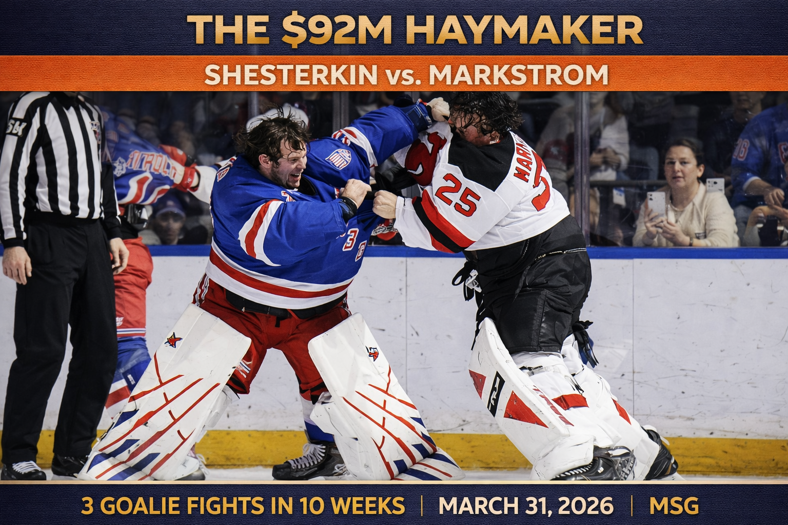 Igor Shesterkin and Jacob Markstrom drop gloves in goalie fight at Madison Square Garden March 31 2026