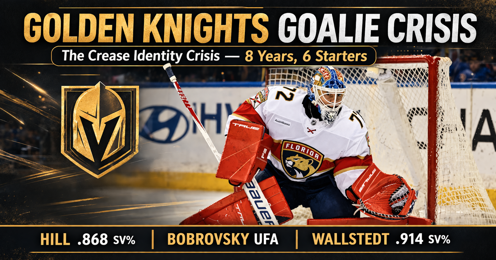 Adin Hill in the Vegas Golden Knights crease during the 2025-26 NHL season as the franchise faces another goaltending identity crisis