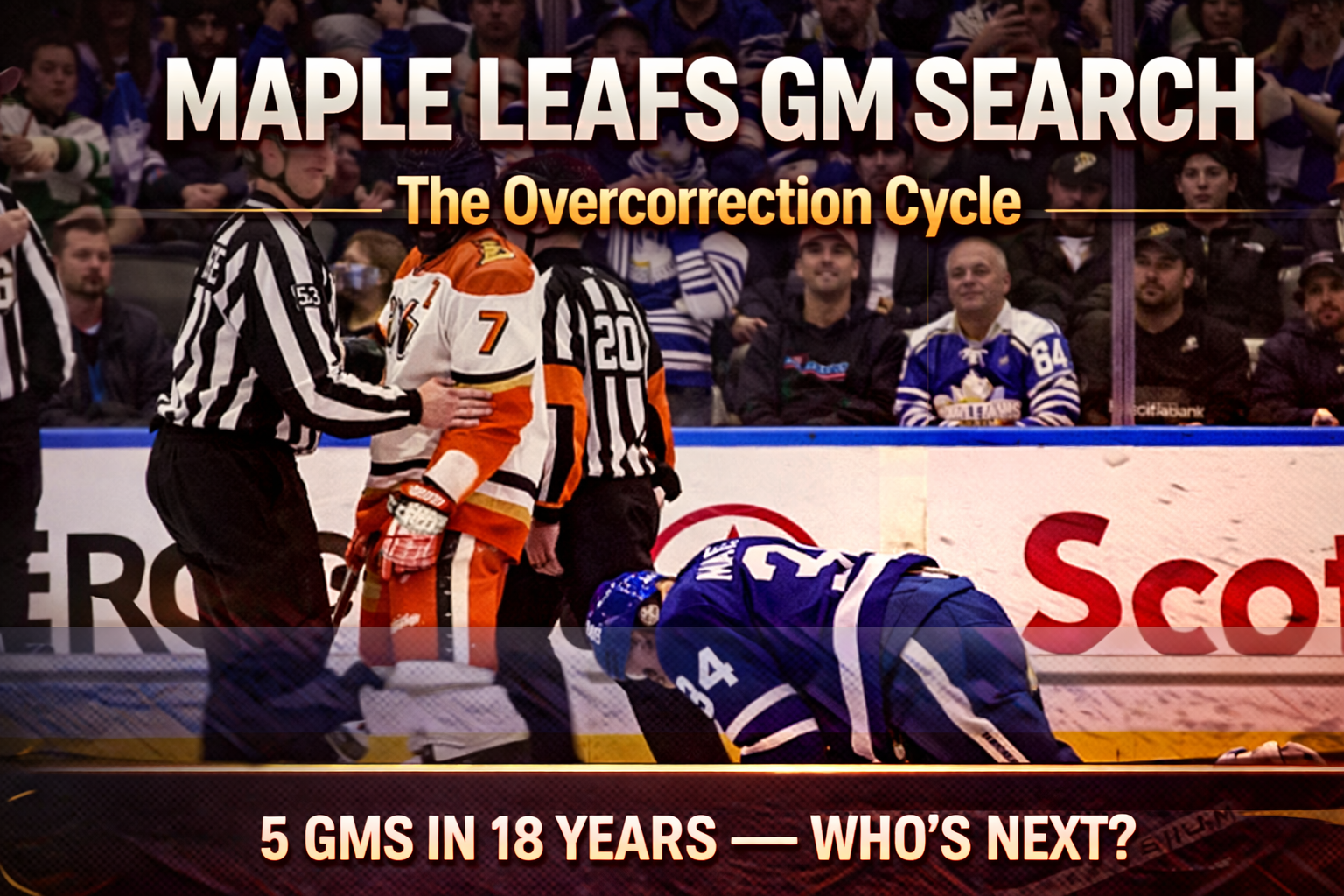 Auston Matthews down on the ice after Radko Gudas hit with Maple Leafs GM Search and The Overcorrection Cycle text overlay analyzing Toronto front office turnover in 2026