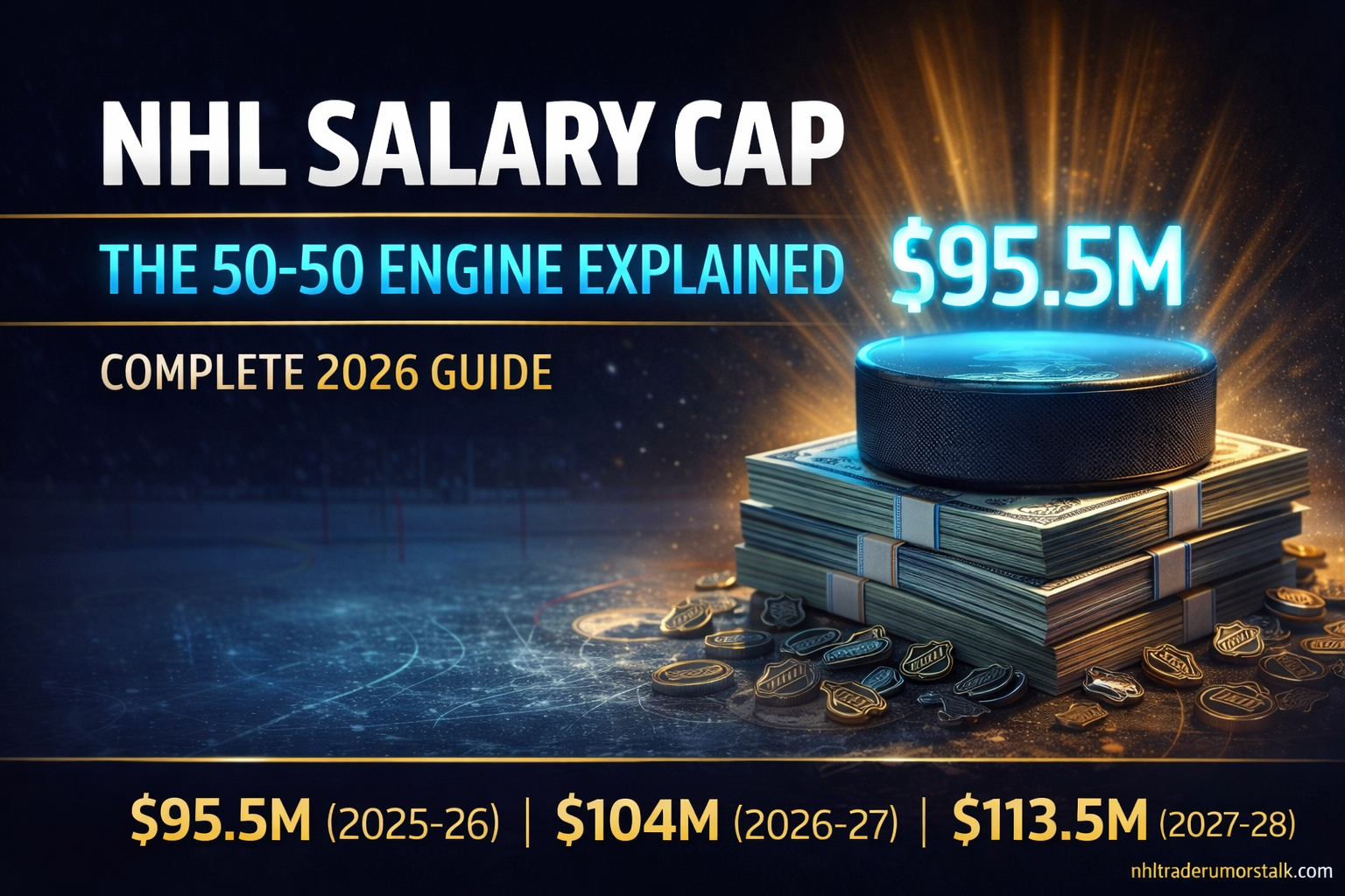 NHL salary cap concept illustration showing dollar figures and hockey rink for the 2026 season guide