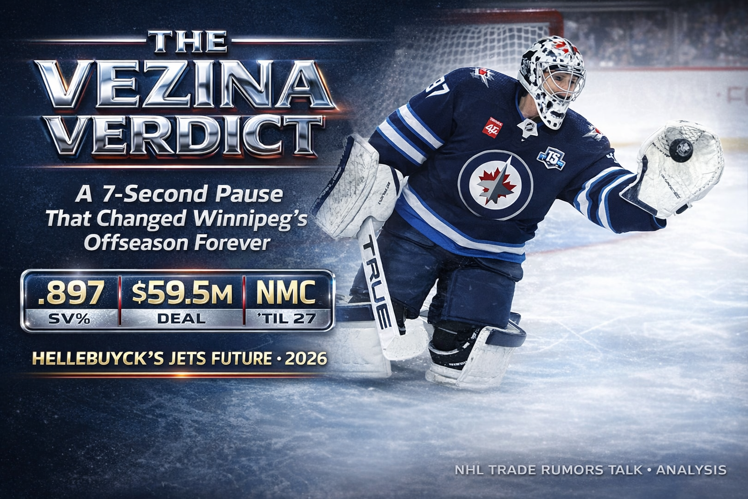 Connor Hellebuyck Winnipeg Jets goaltender somber face during April 2026 end-of-season press conference after team missed playoffs