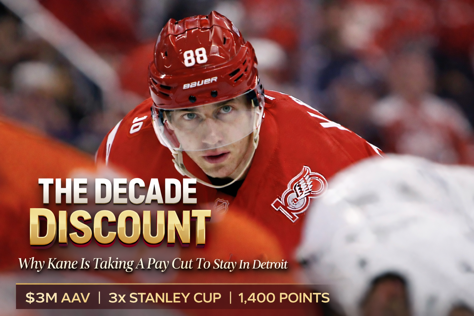 Patrick Kane in Detroit Red Wings jersey skating with puck, 37-year-old winger expected to sign extension with Detroit for 20th NHL season