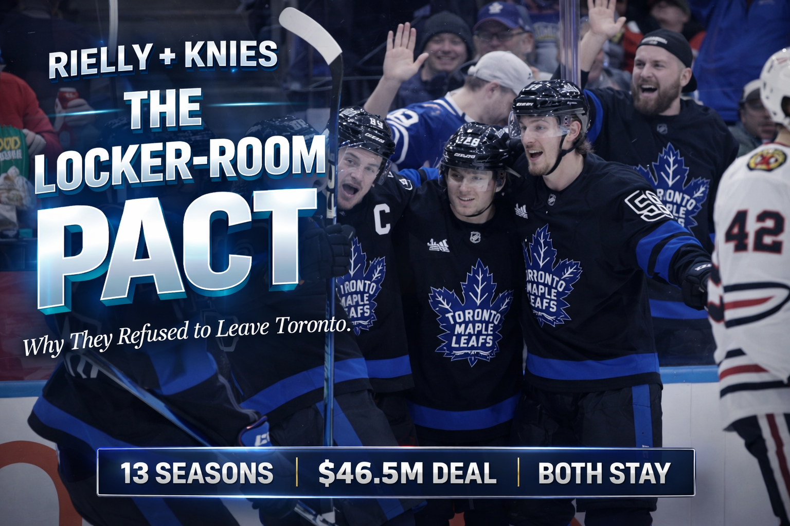 Morgan Rielly and Matthew Knies in Maple Leafs jerseys during end-of-season media availability, both publicly committing to stay in Toronto despite trade rumors