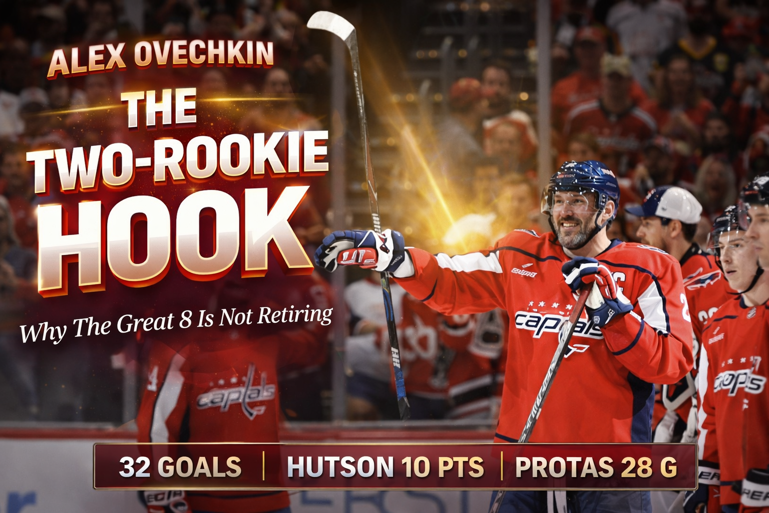 Alex Ovechkin in Washington Capitals red jersey skating with rookies Cole Hutson and Ilya Protas, 40-year-old captain considering return for 22nd NHL season