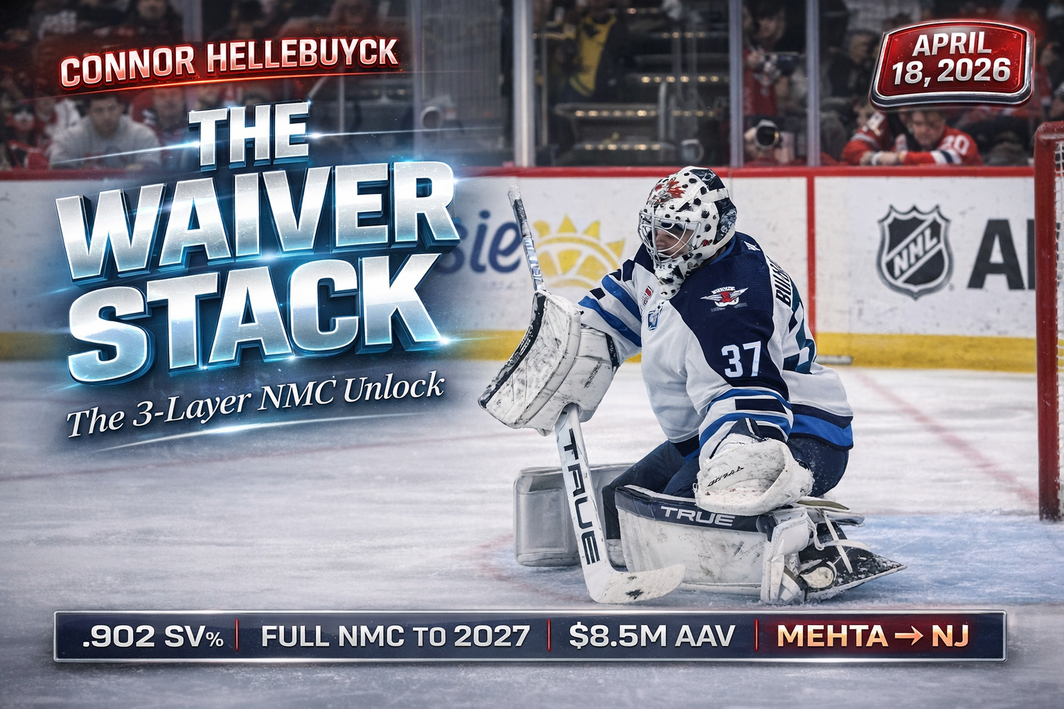 Connor Hellebuyck in Winnipeg Jets blue jersey mid-save with Devils GM Sunny Mehta overlay in red jersey, April 2026 trade rumor visual