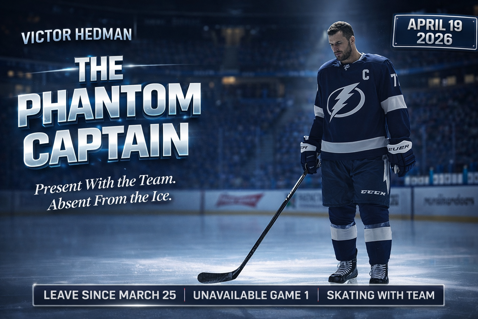 Victor Hedman in Tampa Bay Lightning captain jersey skating on empty ice at Amalie Arena, leave of absence April 2026 visual