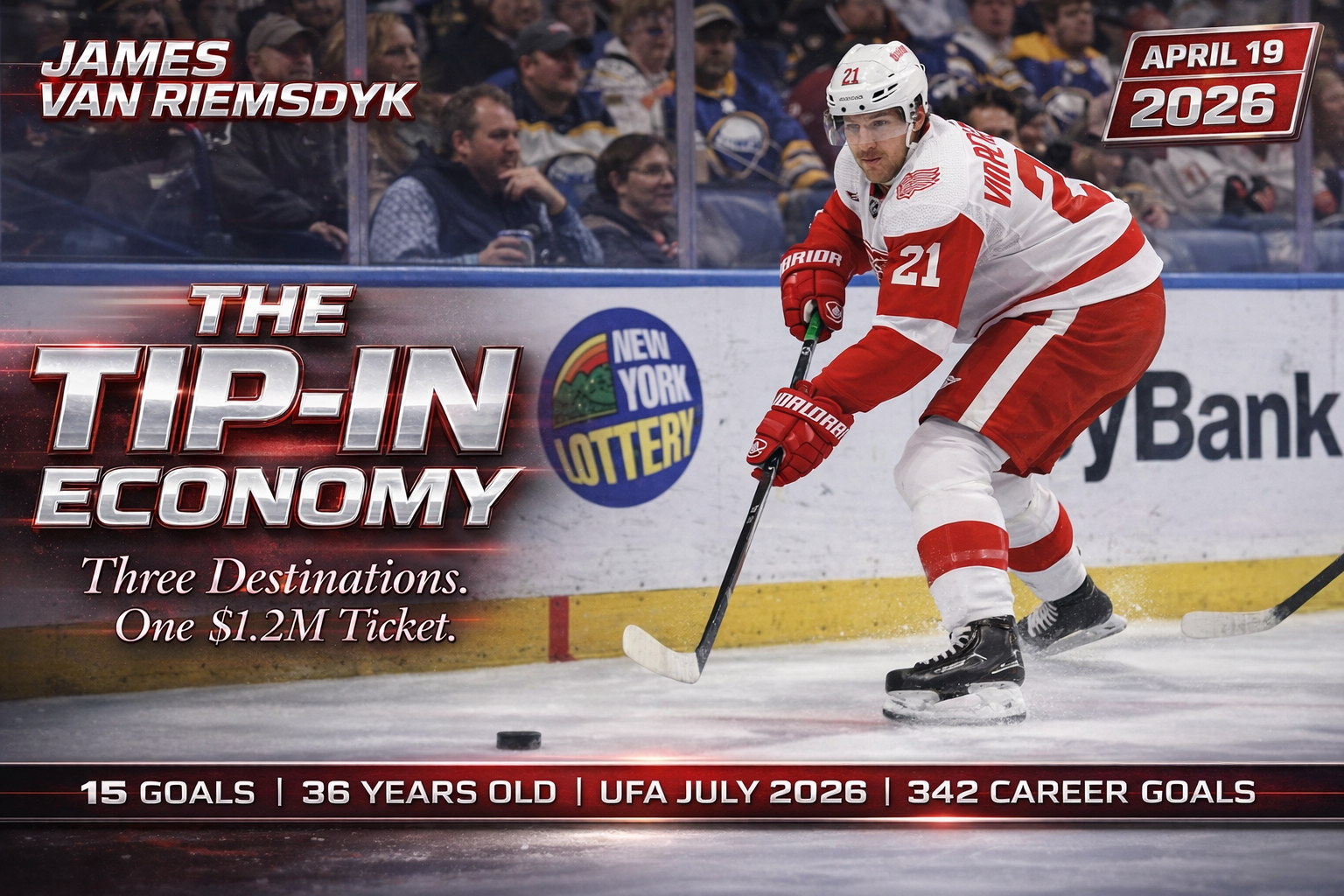 James van Riemsdyk in Detroit Red Wings red jersey screening in front of the net, 2026 free agent destinations visual