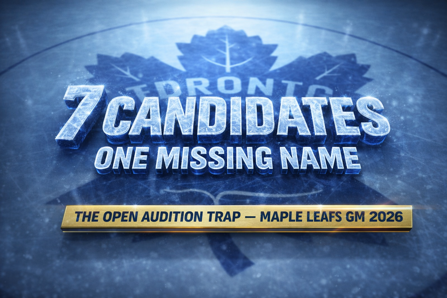 Toronto Maple Leafs GM search 2026 — Keith Pelley at podium with blue and white backdrop, seven candidate names shown on overlay graphic, Air Canada Centre interior