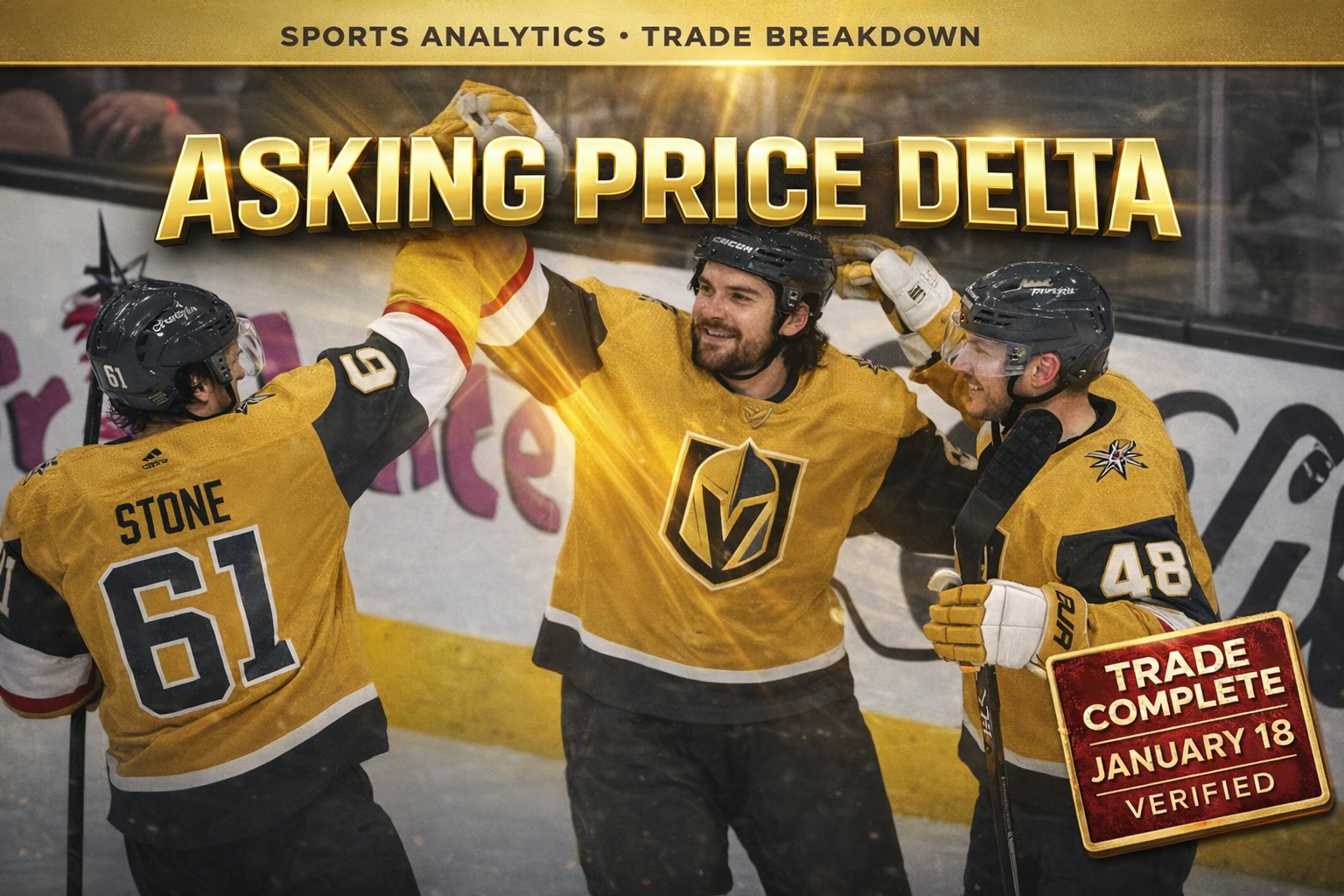 Rasmus Andersson in Vegas Golden Knights jersey skating at T-Mobile Arena, Calgary Flames logo faded in background, asking price delta concept visualized with trade asset breakdown overlay